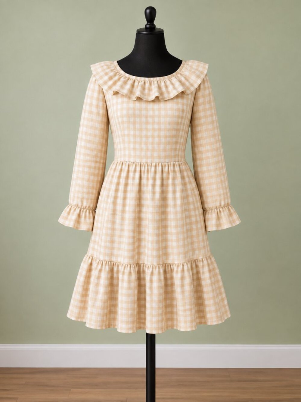 J. Crew Women's Sz 14 Tan White Gingham Seersucker Ruffle Dress Cottagecore
